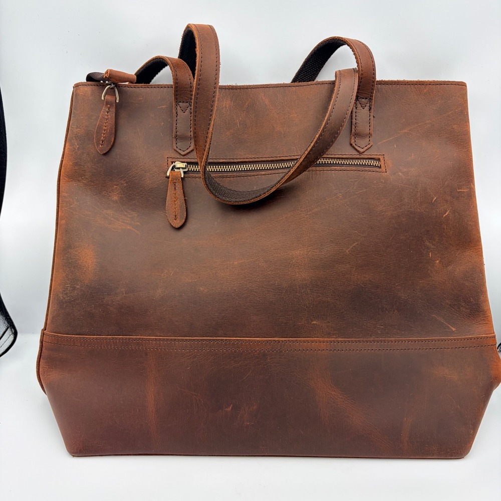 Rustic Cognac Brown Genuine Leather Large Tote Bag Laptop Work Commuter Handbag
